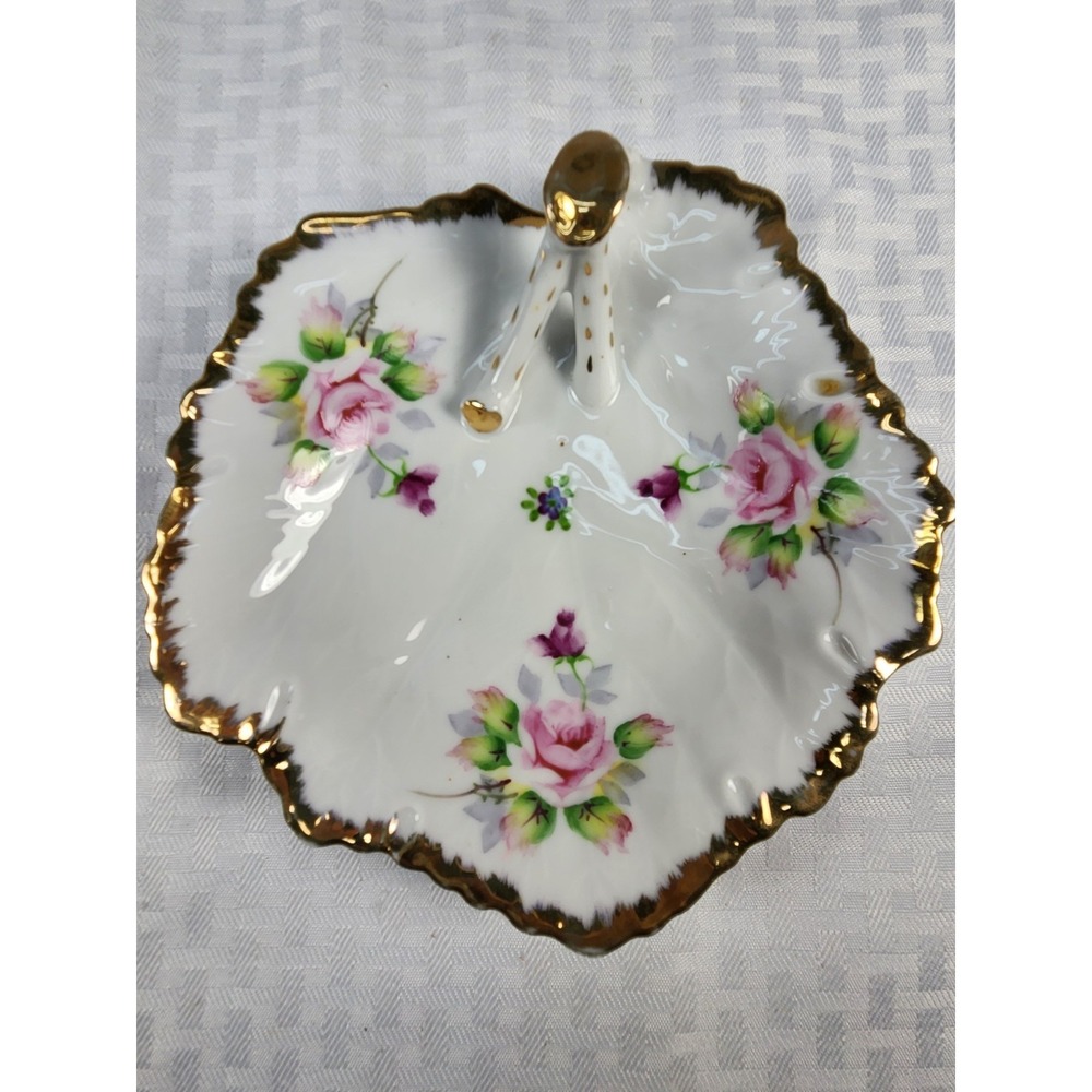 Antique BonBon Tray Split Handle Hand Painted Roses Porcelain Gold Trim‎ Accents